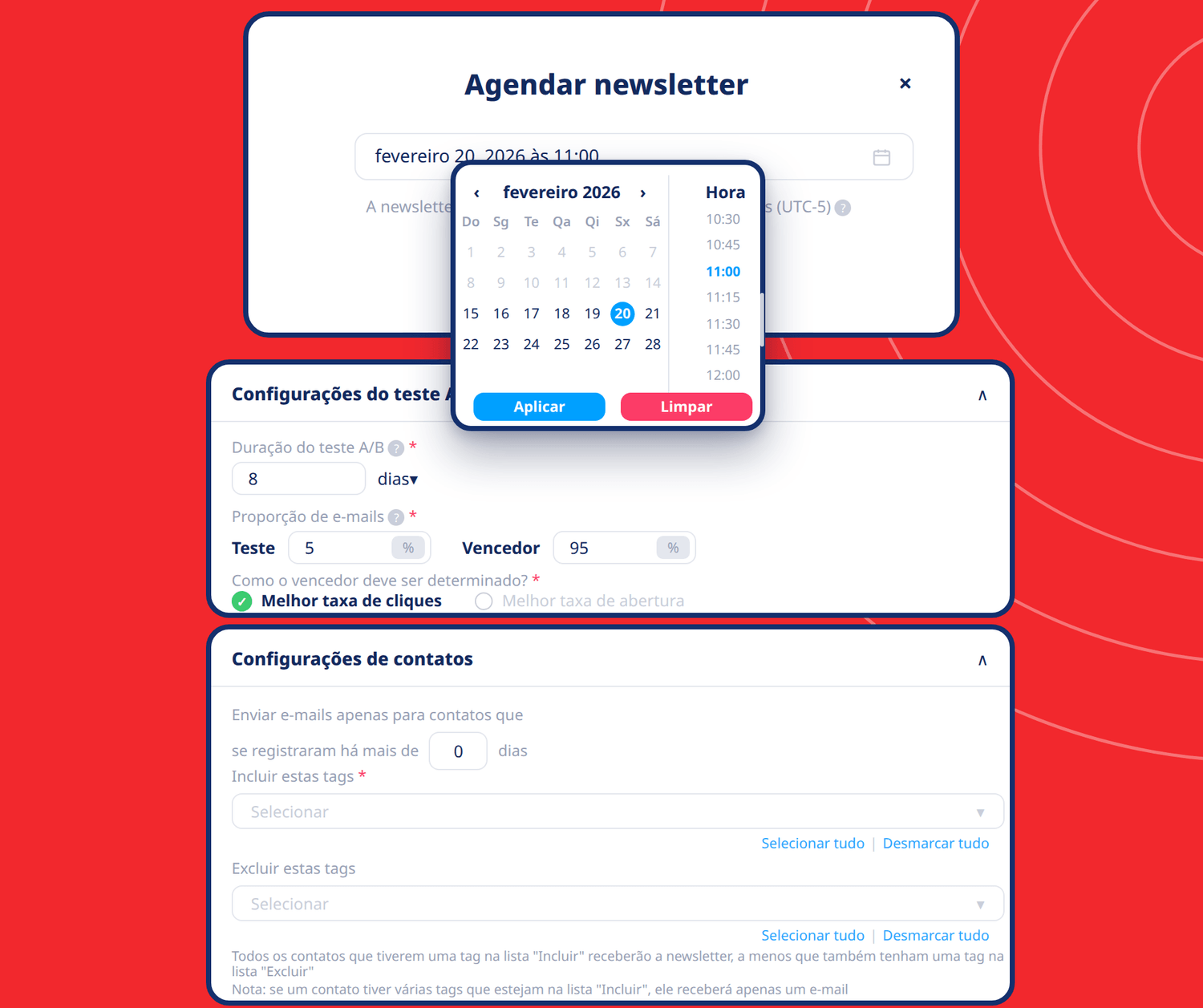 systeme.io email marketing scheduler showing newsletter scheduling, A/B testing settings, and contact segmentation options