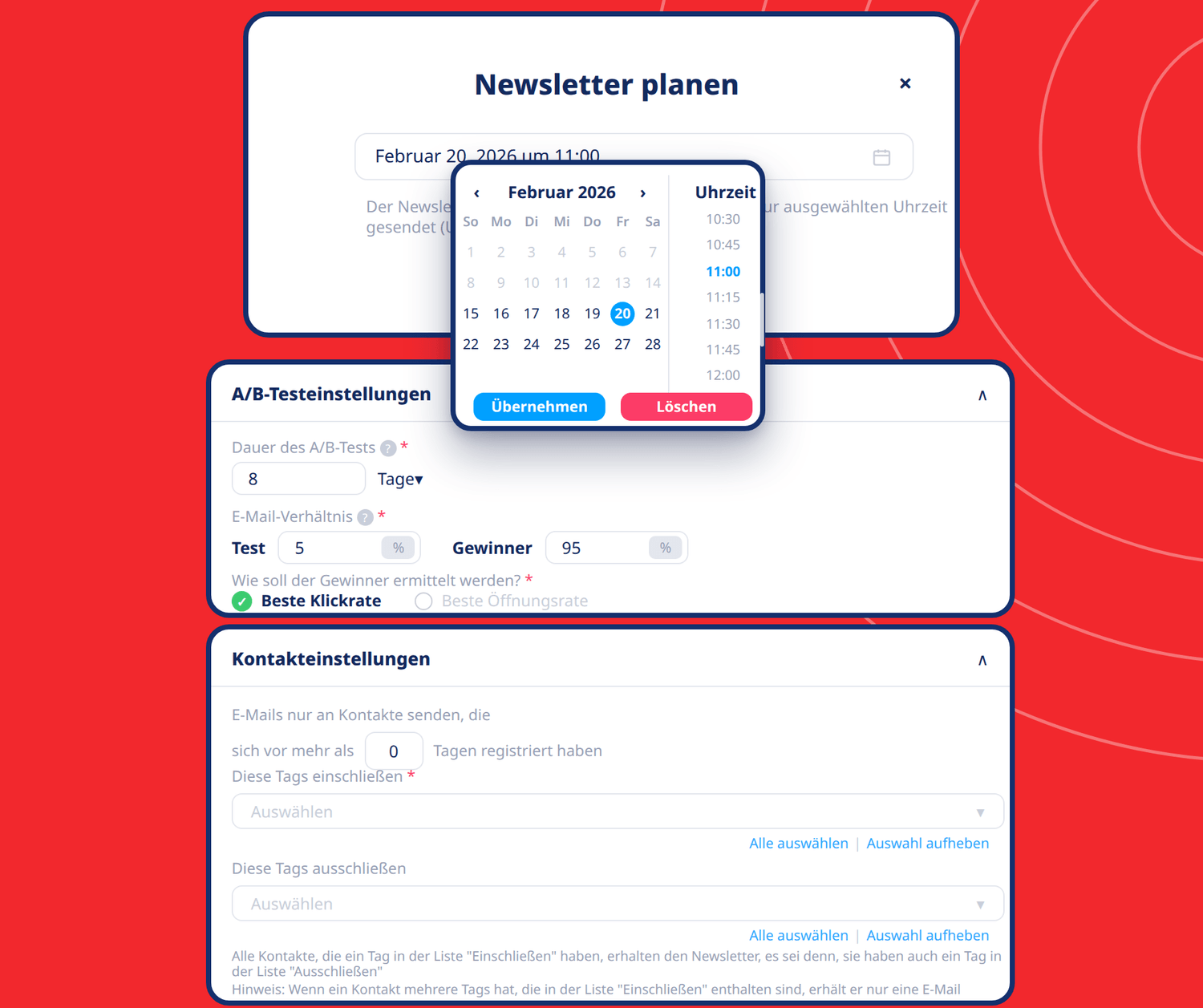 systeme.io email marketing scheduler showing newsletter scheduling, A/B testing settings, and contact segmentation options