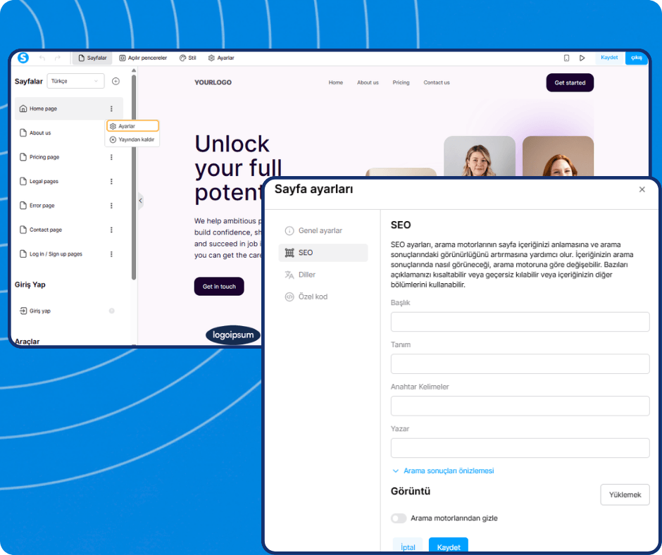systeme.io website builder showing page settings panel with SEO fields for title, description, keywords, and search engine visibility configuration