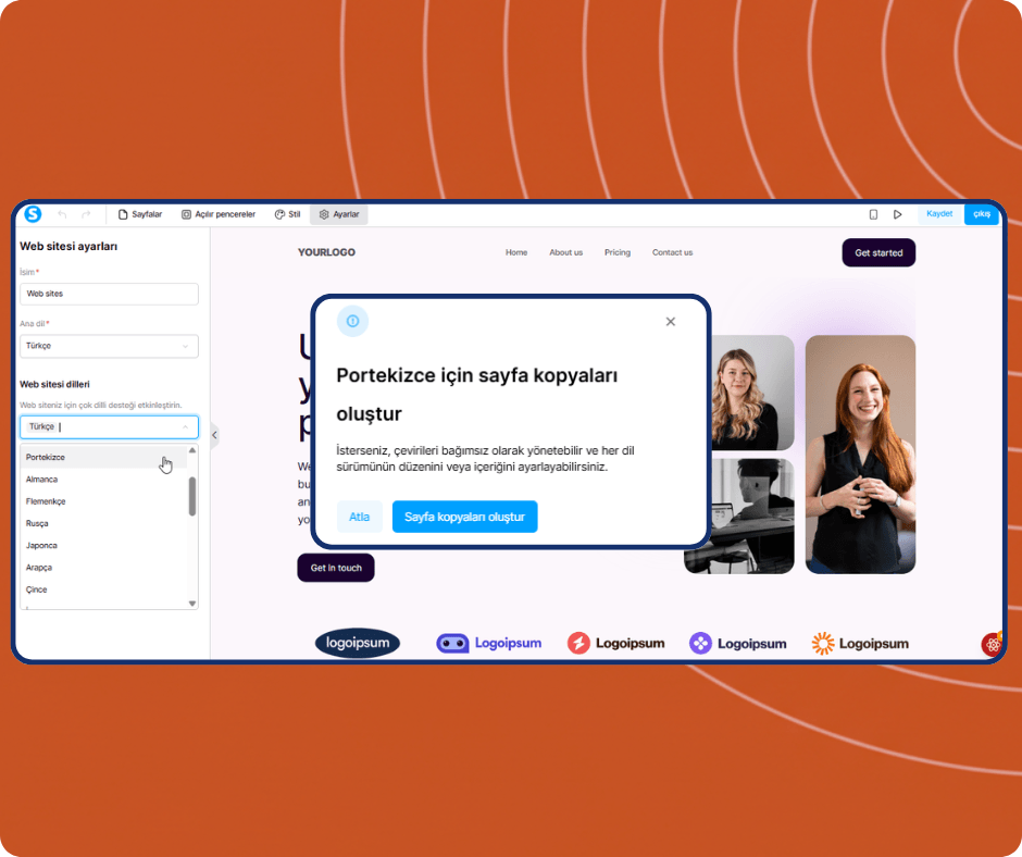 systeme.io website builder showing multilingual settings with language selection and option to create translated page copies for international websites