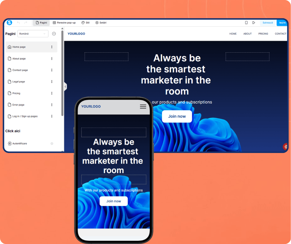 systeme.io website builder showing responsive page editor with desktop and mobile preview, customizable pages, and landing page design interface
