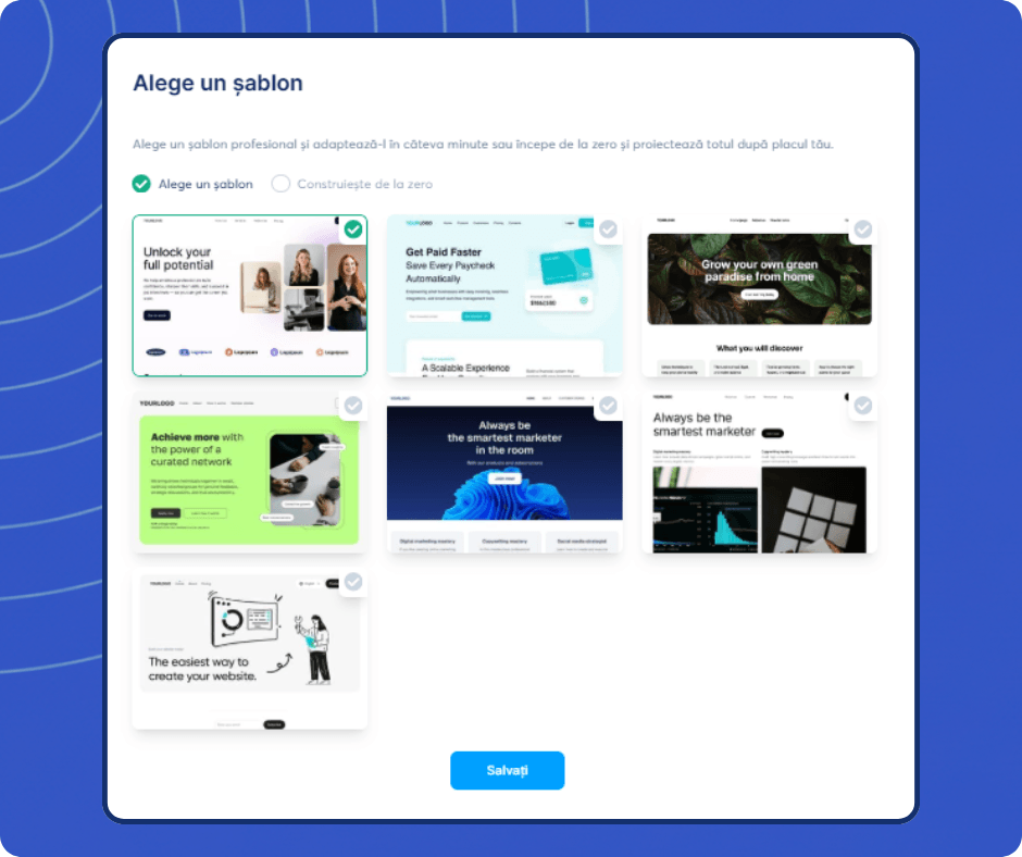 systeme.io template selection screen showing website and funnel templates for building pages quickly or starting from scratch