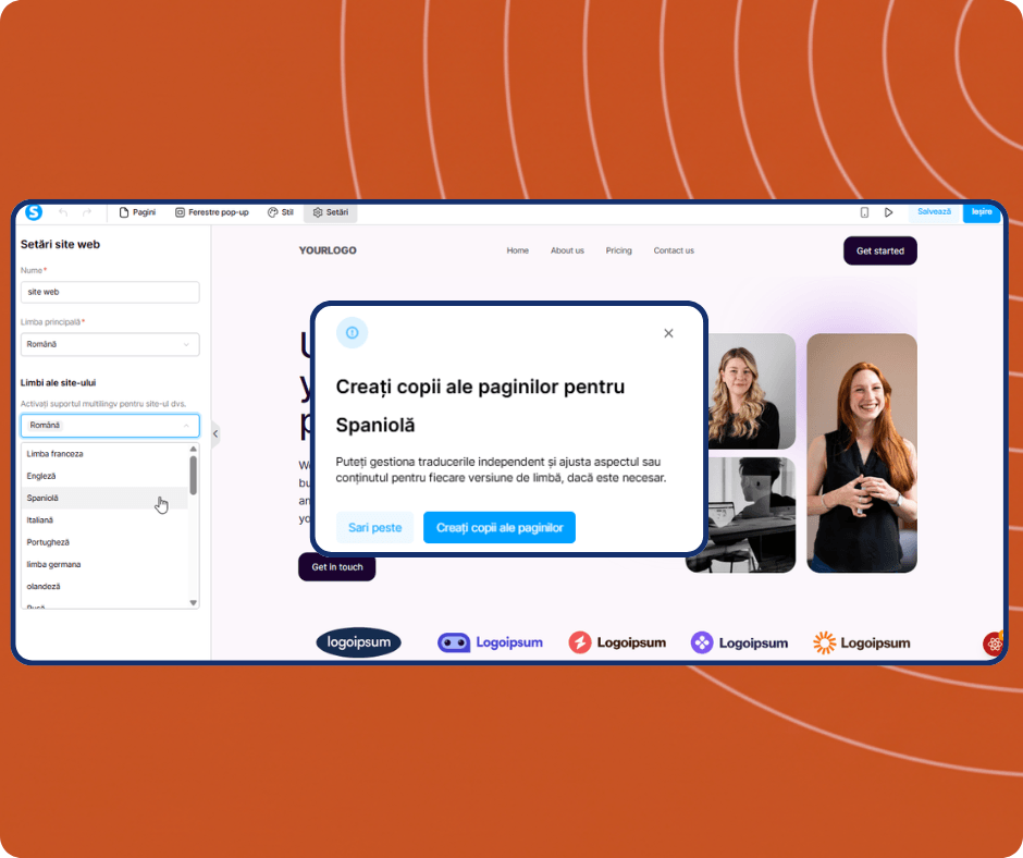systeme.io website builder showing multilingual settings with language selection and option to create translated page copies for international websites