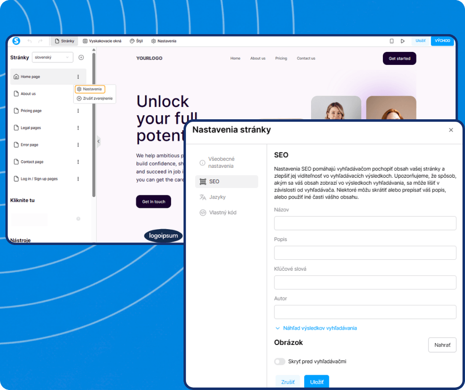 systeme.io website builder showing page settings panel with SEO fields for title, description, keywords, and search engine visibility configuration