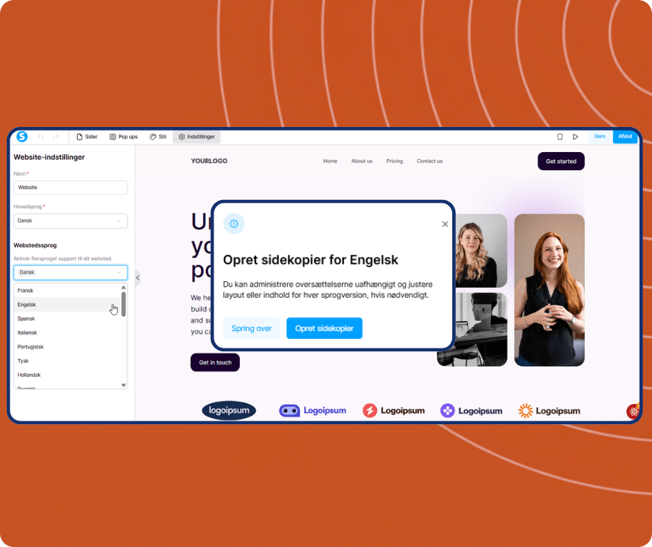 systeme.io website builder showing multilingual settings with language selection and option to create translated page copies for international websites