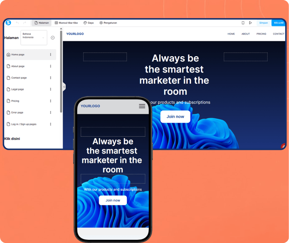 systeme.io website builder showing responsive page editor with desktop and mobile preview, customizable pages, and landing page design interface