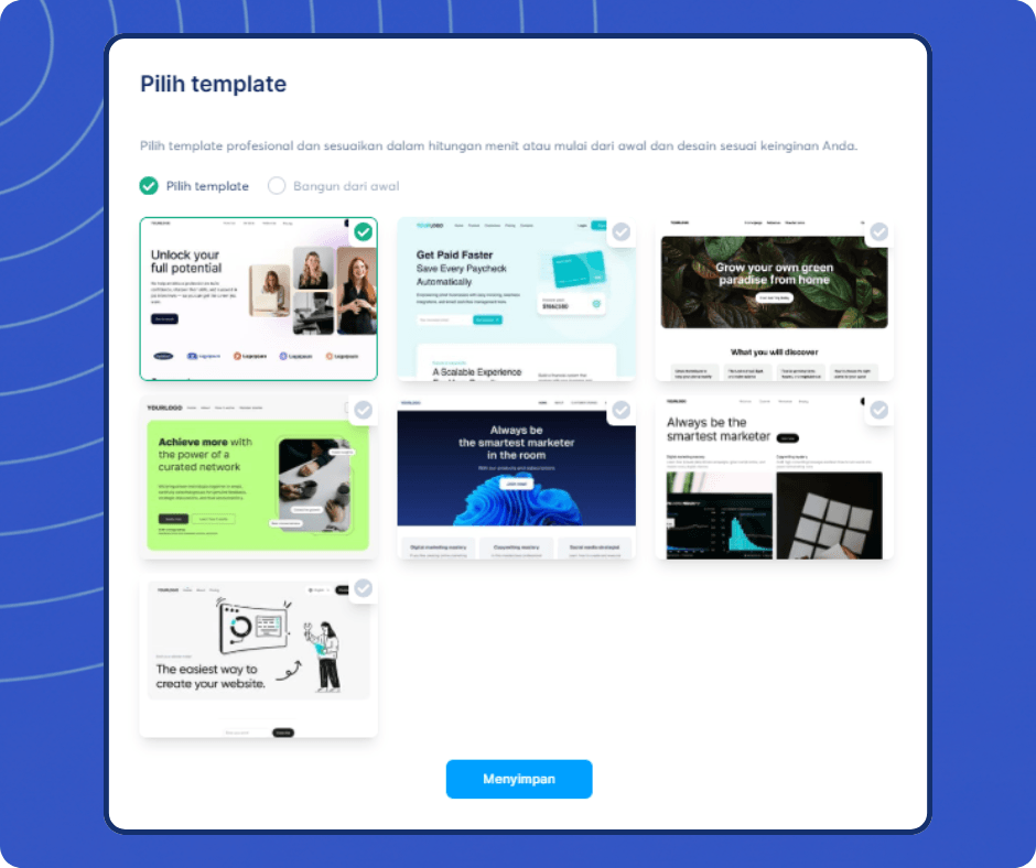 systeme.io template selection screen showing website and funnel templates for building pages quickly or starting from scratch