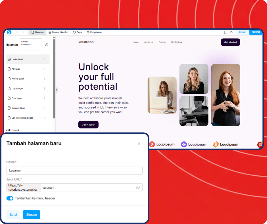 systeme.io website builder showing page editor interface and adding a new page with custom URL path and site navigation structure