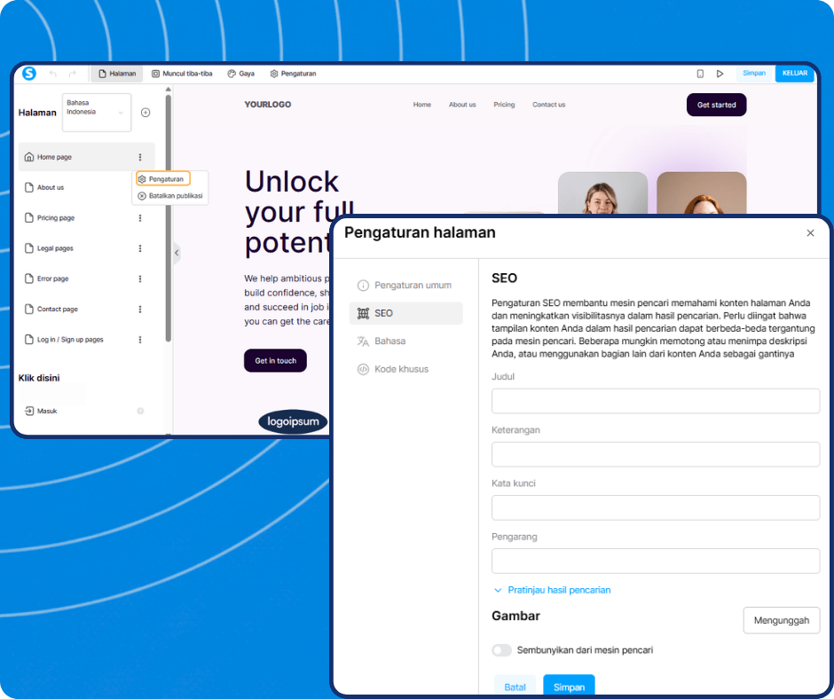 systeme.io website builder showing page settings panel with SEO fields for title, description, keywords, and search engine visibility configuration
