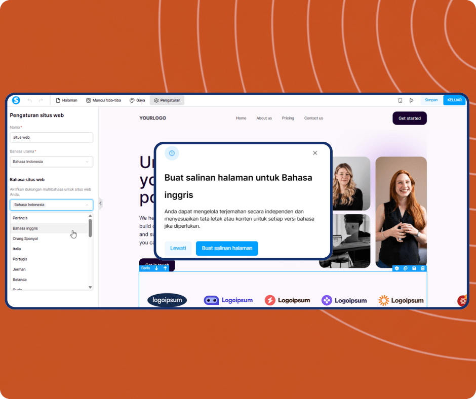 systeme.io website builder showing multilingual settings with language selection and option to create translated page copies for international websites