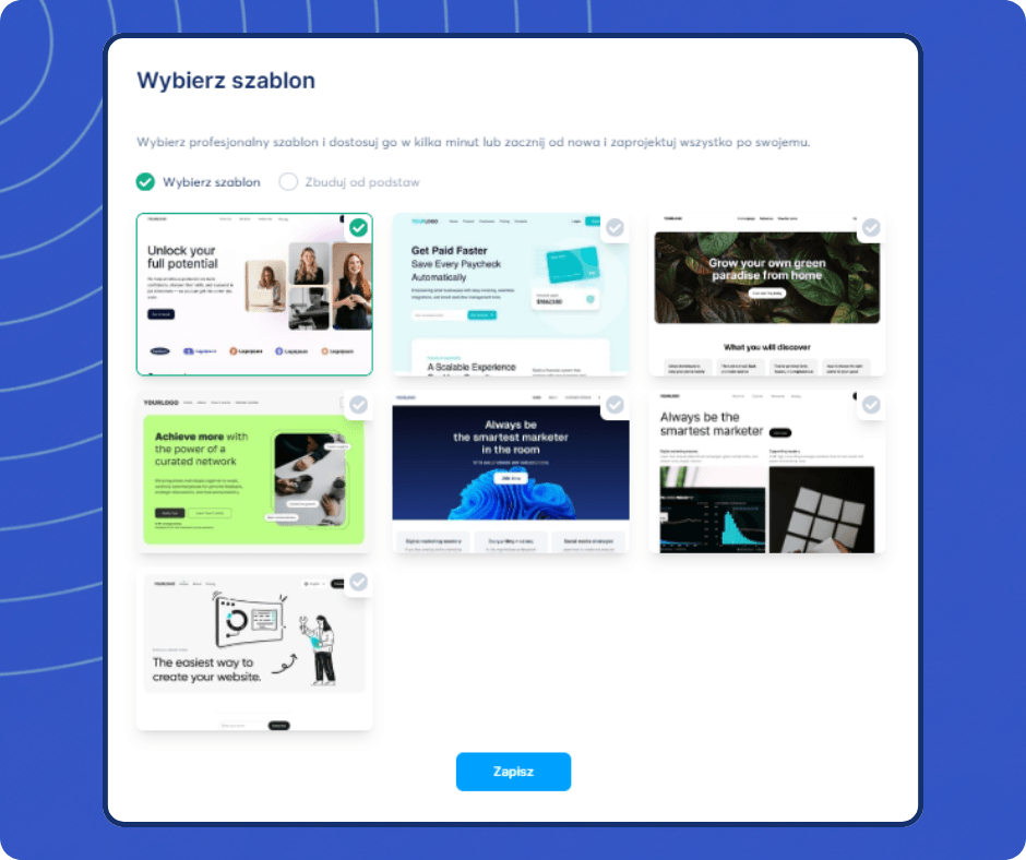 systeme.io template selection screen showing website and funnel templates for building pages quickly or starting from scratch
