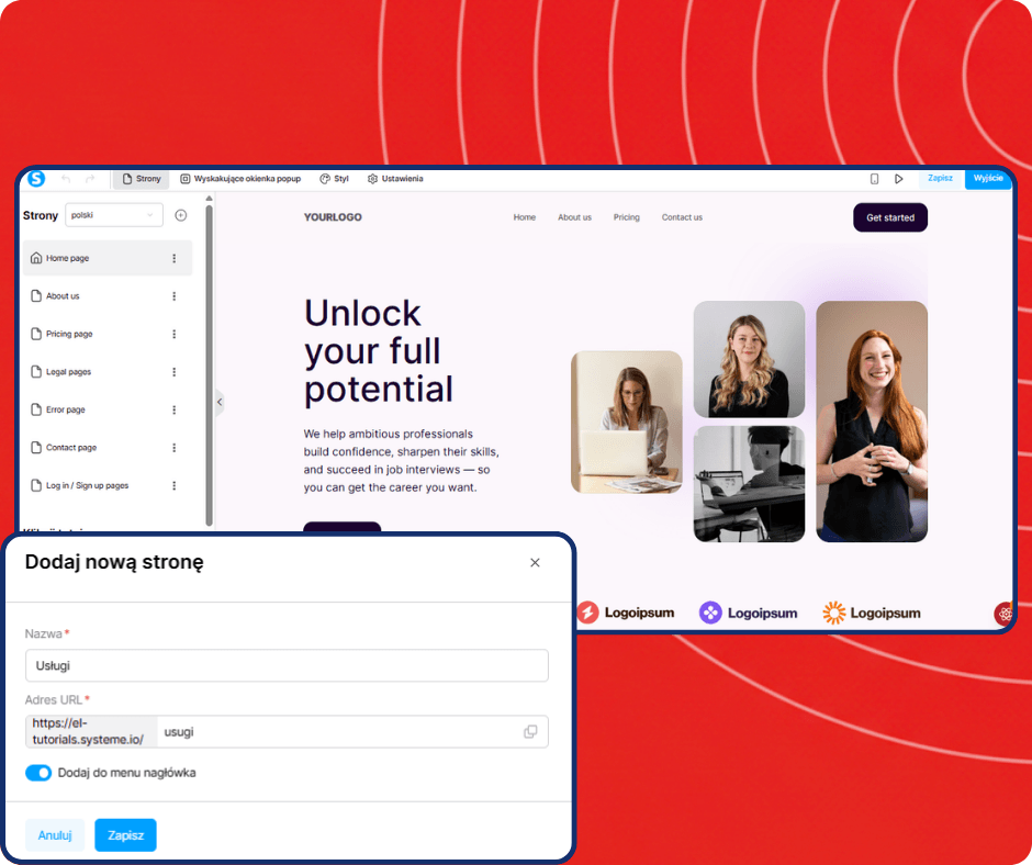 systeme.io website builder showing page editor interface and adding a new page with custom URL path and site navigation structure