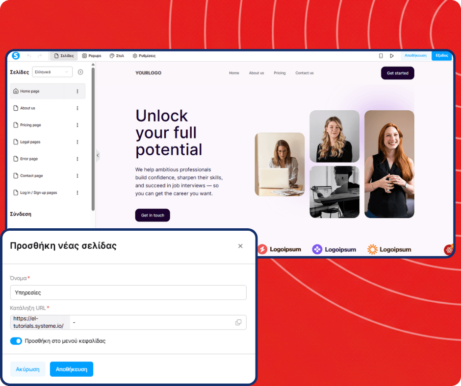 systeme.io website builder showing page editor interface and adding a new page with custom URL path and site navigation structure