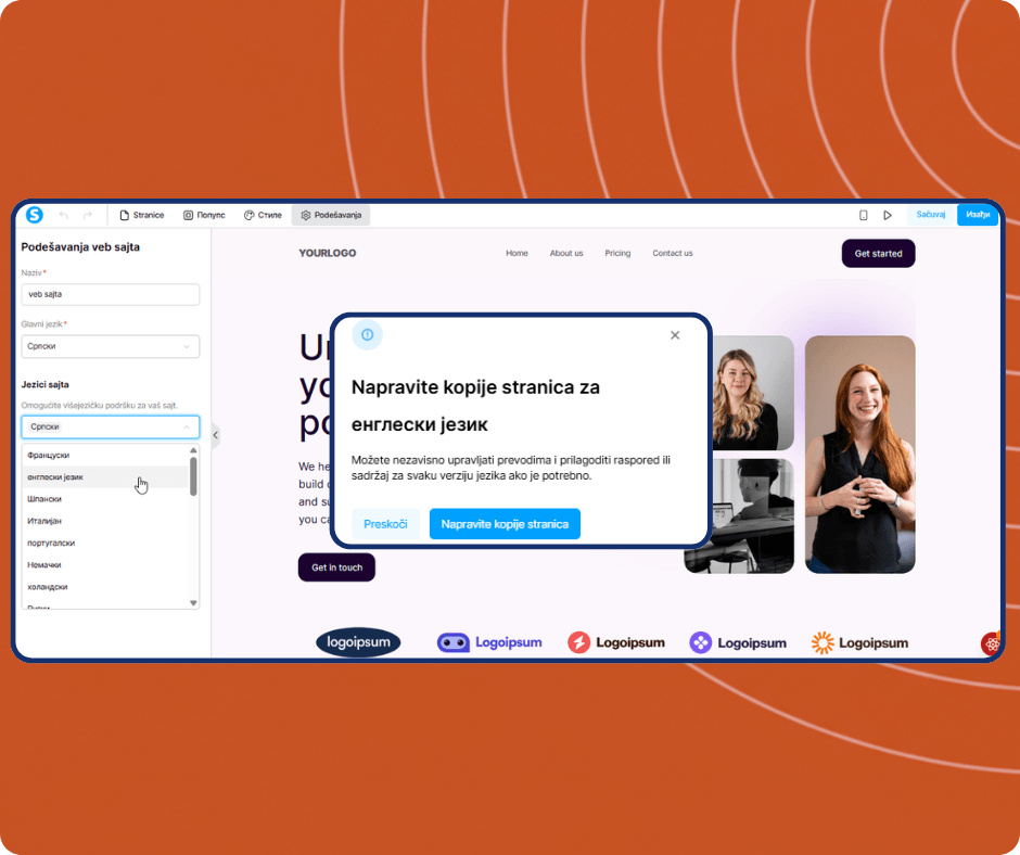 systeme.io website builder showing multilingual settings with language selection and option to create translated page copies for international websites