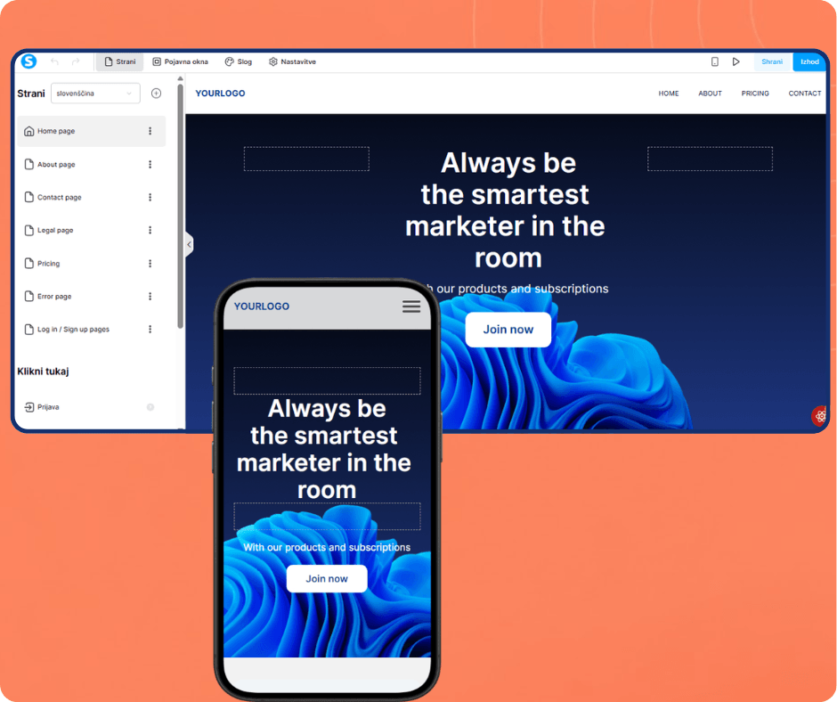 systeme.io website builder showing responsive page editor with desktop and mobile preview, customizable pages, and landing page design interface