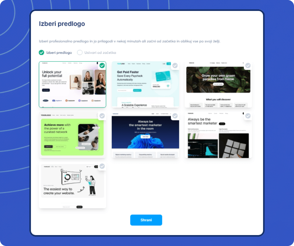 systeme.io template selection screen showing website and funnel templates for building pages quickly or starting from scratch