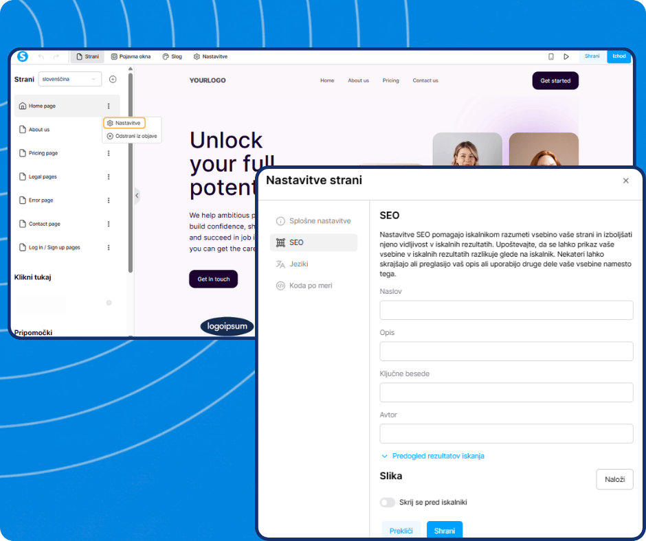 systeme.io website builder showing page settings panel with SEO fields for title, description, keywords, and search engine visibility configuration