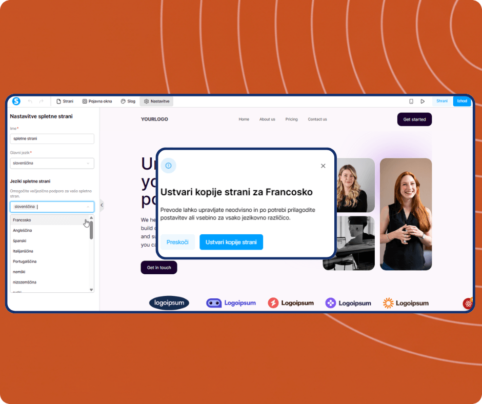 systeme.io website builder showing multilingual settings with language selection and option to create translated page copies for international websites