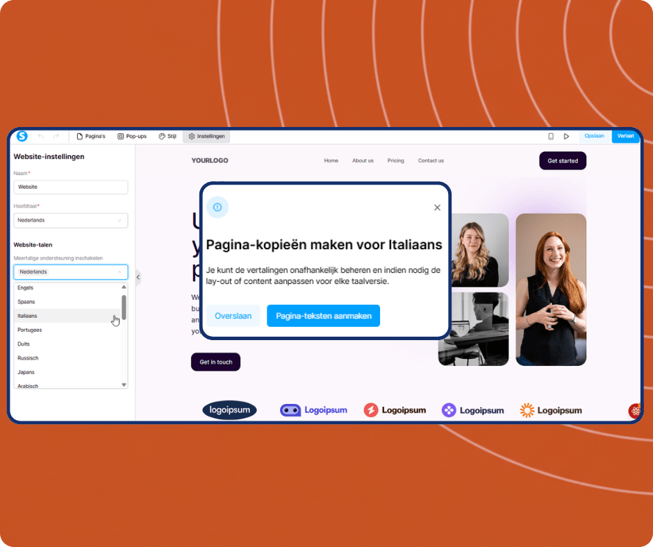 systeme.io website builder showing multilingual settings with language selection and option to create translated page copies for international websites