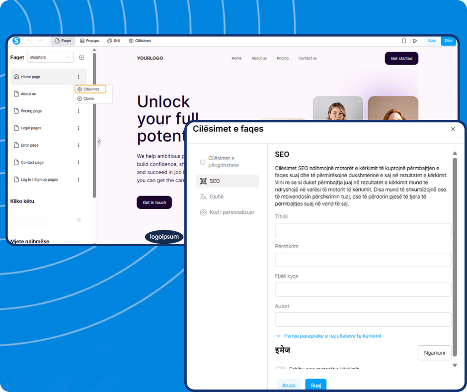 systeme.io website builder showing page settings panel with SEO fields for title, description, keywords, and search engine visibility configuration
