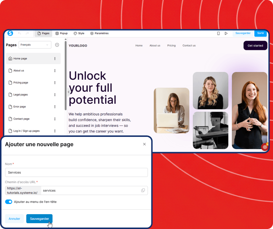 systeme.io website builder showing page editor interface and adding a new page with custom URL path and site navigation structure