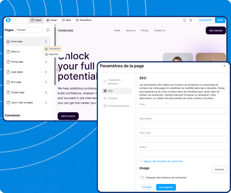 systeme.io website builder showing page settings panel with SEO fields for title, description, keywords, and search engine visibility configuration