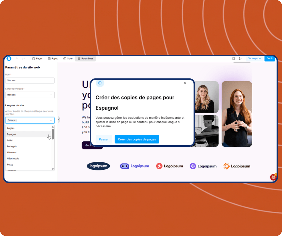 systeme.io website builder showing multilingual settings with language selection and option to create translated page copies for international websites