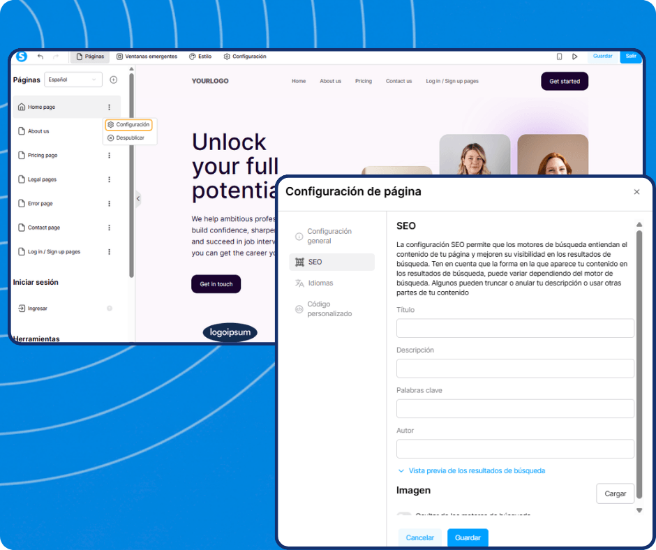 systeme.io website builder showing page settings panel with SEO fields for title, description, keywords, and search engine visibility configuration