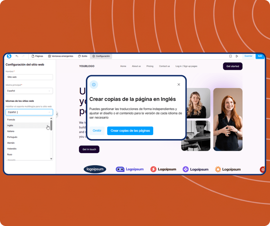 systeme.io website builder showing multilingual settings with language selection and option to create translated page copies for international websites