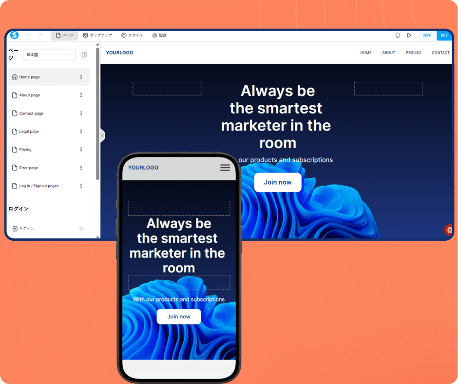 systeme.io website builder showing responsive page editor with desktop and mobile preview, customizable pages, and landing page design interface