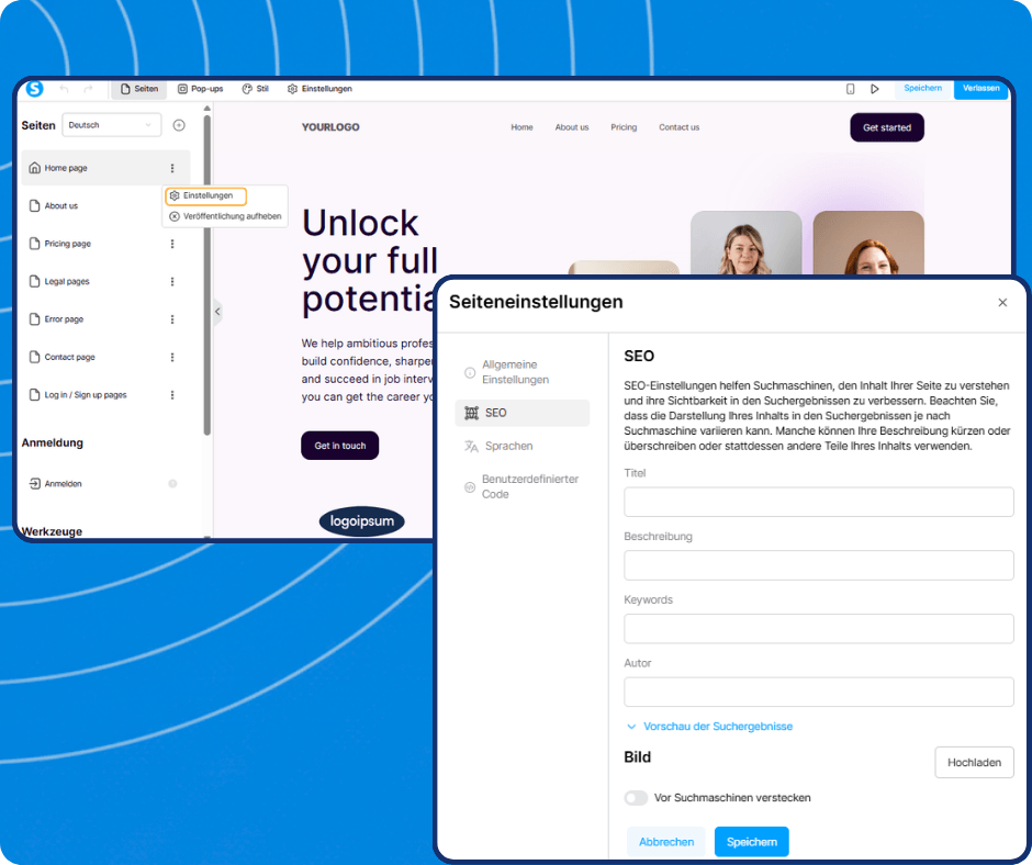 systeme.io website builder showing page settings panel with SEO fields for title, description, keywords, and search engine visibility configuration
