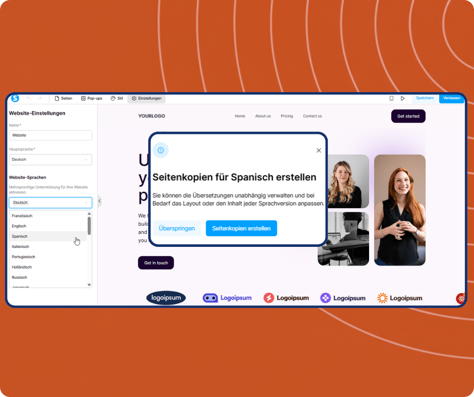 systeme.io website builder showing multilingual settings with language selection and option to create translated page copies for international websites