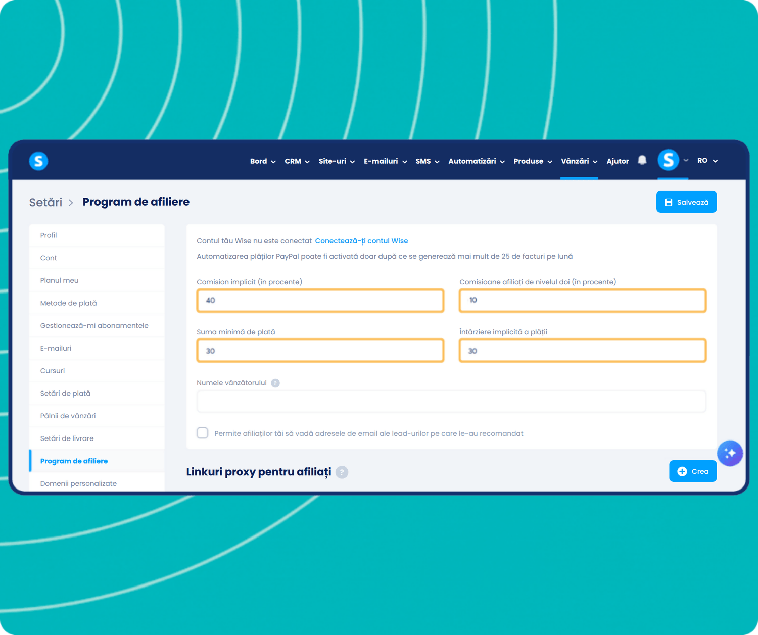 systeme.io affiliate program setup with commission rate and delay settings