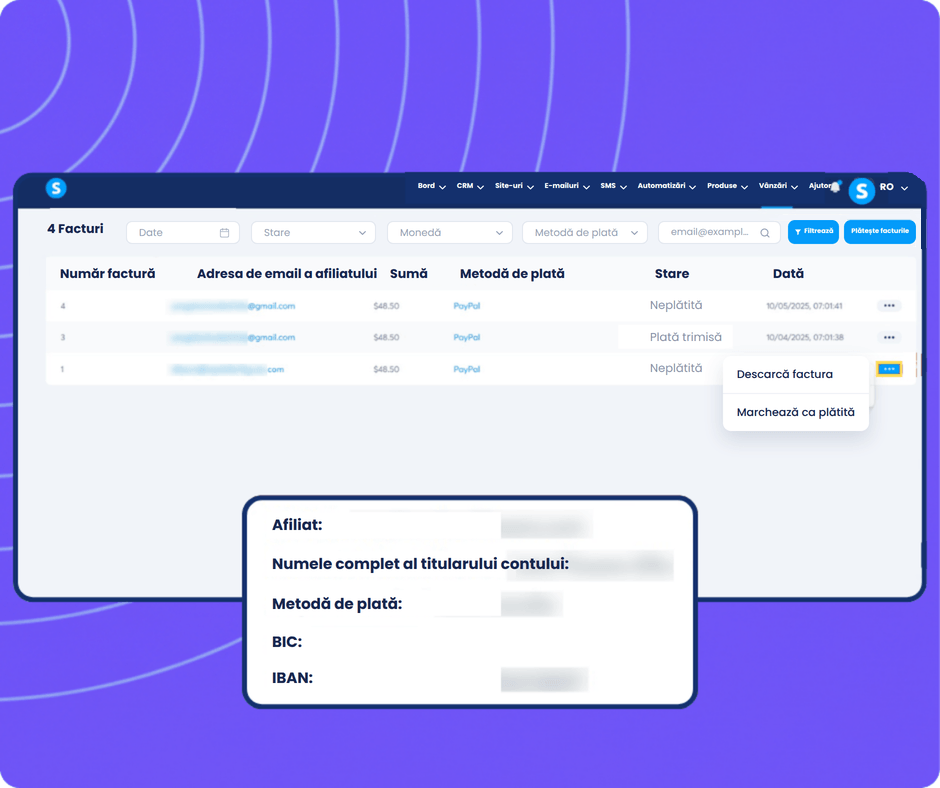 systeme.io affiliate invoice generated automatically on the 10th of each month