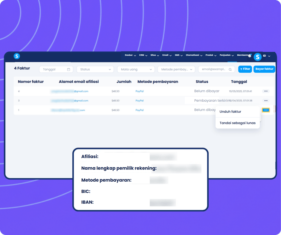 systeme.io affiliate invoice generated automatically on the 10th of each month