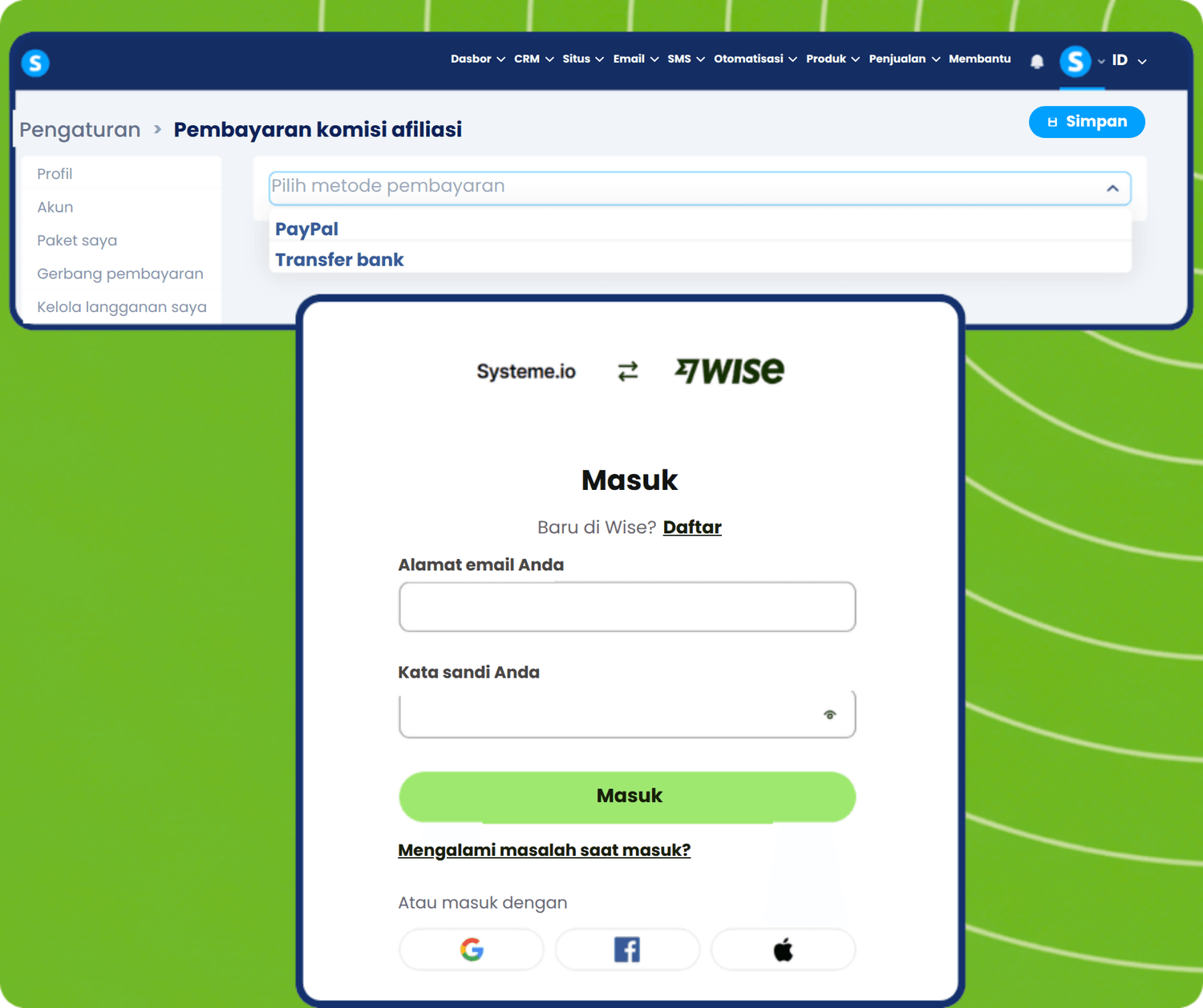 systeme.io affiliate payout via Wise or PayPal 
