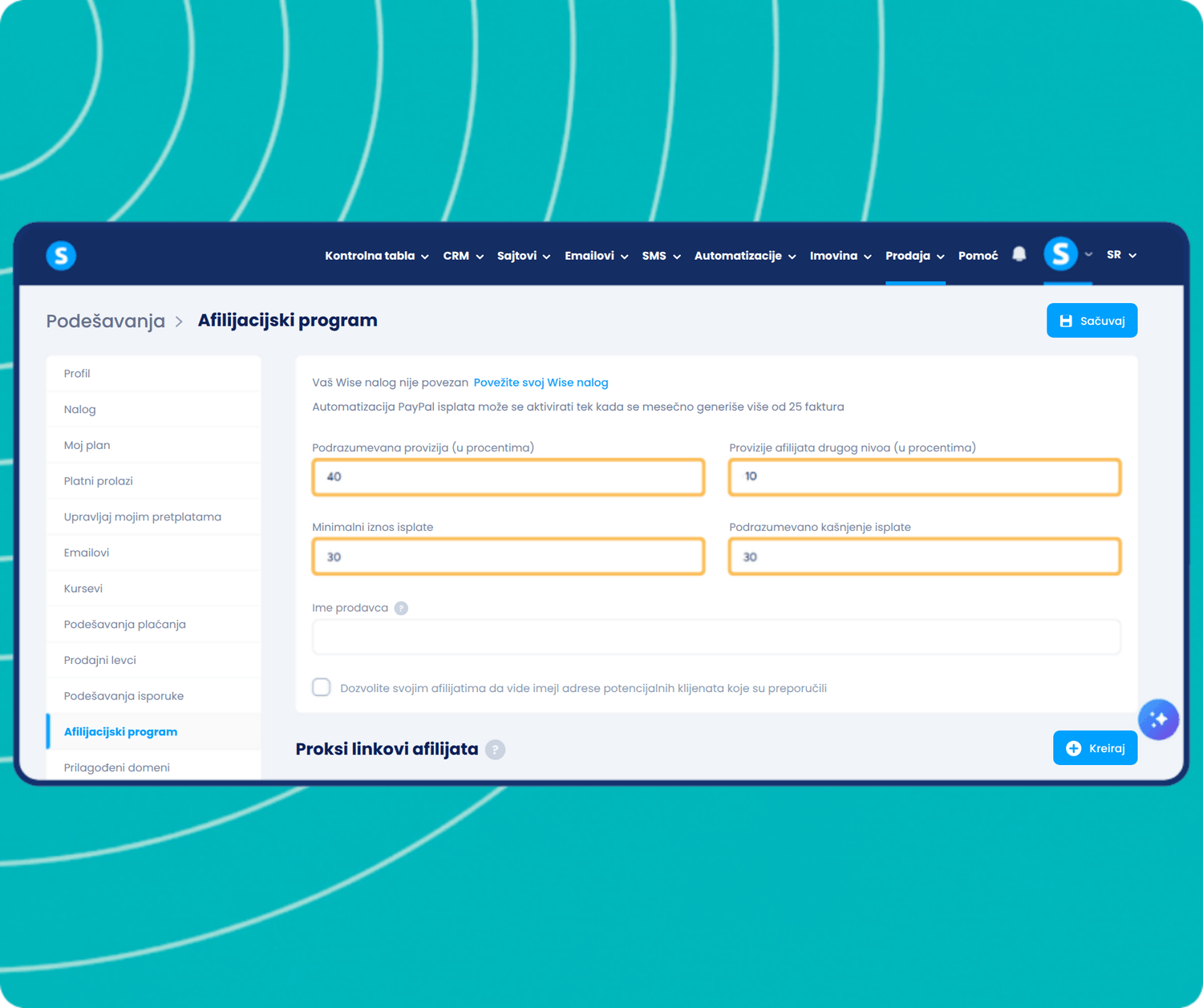 systeme.io affiliate program setup with commission rate and delay settings