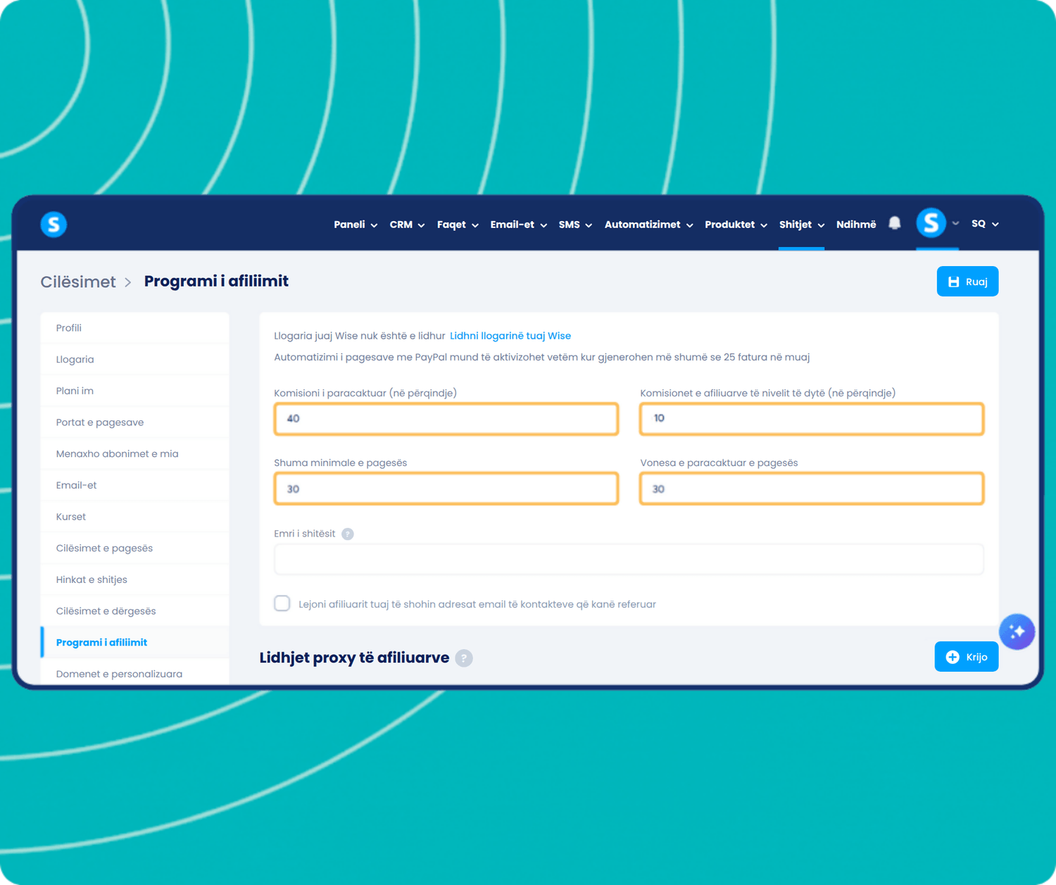 systeme.io affiliate program setup with commission rate and delay settings