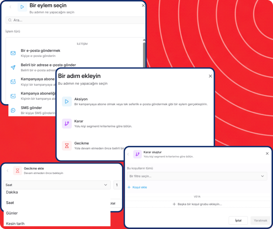 Visual workflow automation builder in systeme.io showing a funnel where a subscriber receives emails, waits, and is routed through different paths based on their actions.