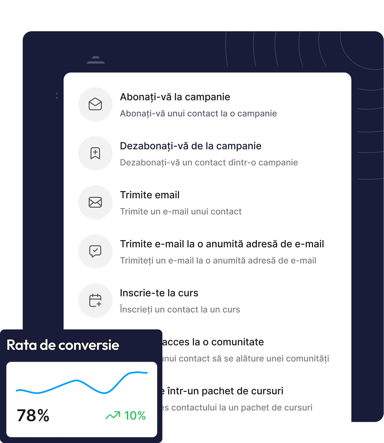 systeme.io automation actions panel showing options like subscribe to campaign, add tag, send email, and enroll contacts with conversion rate analytics
