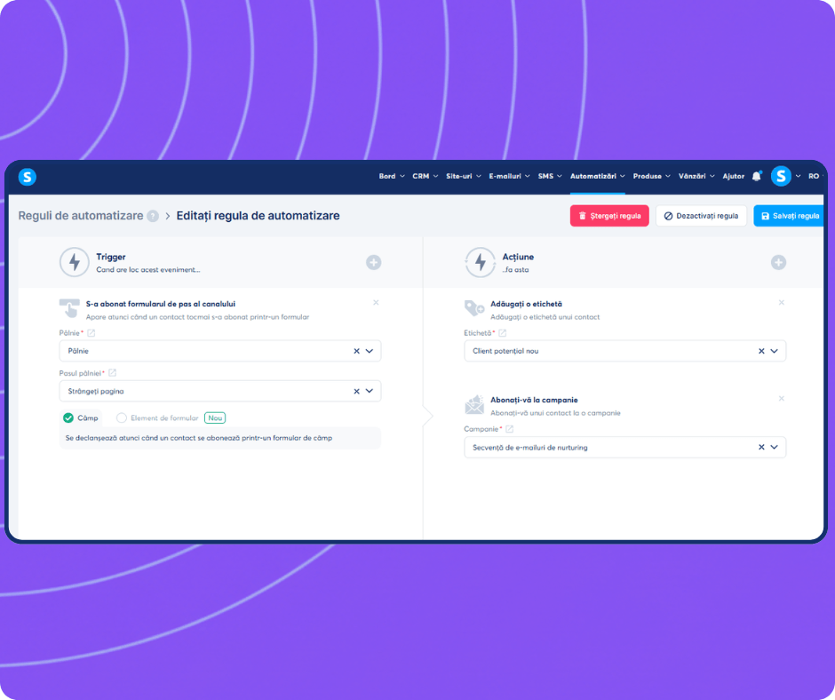 systeme.io automation builder showing trigger-based workflow to tag new leads and subscribe contacts to an email campaign
