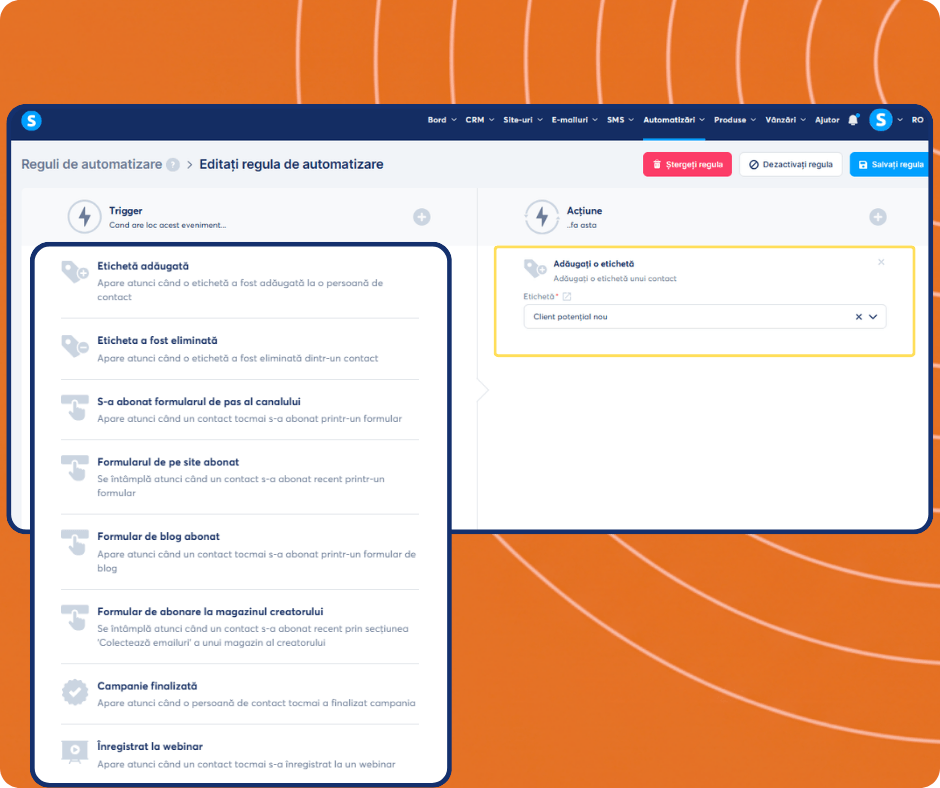 systeme.io automation builder showing trigger selection and tagging workflow to segment contacts and manage leads