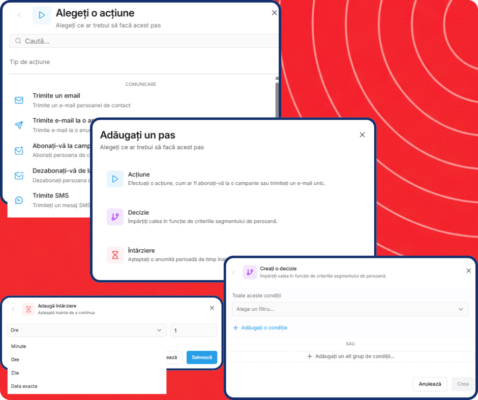 Visual workflow automation builder in systeme.io showing a funnel where a subscriber receives emails, waits, and is routed through different paths based on their actions.