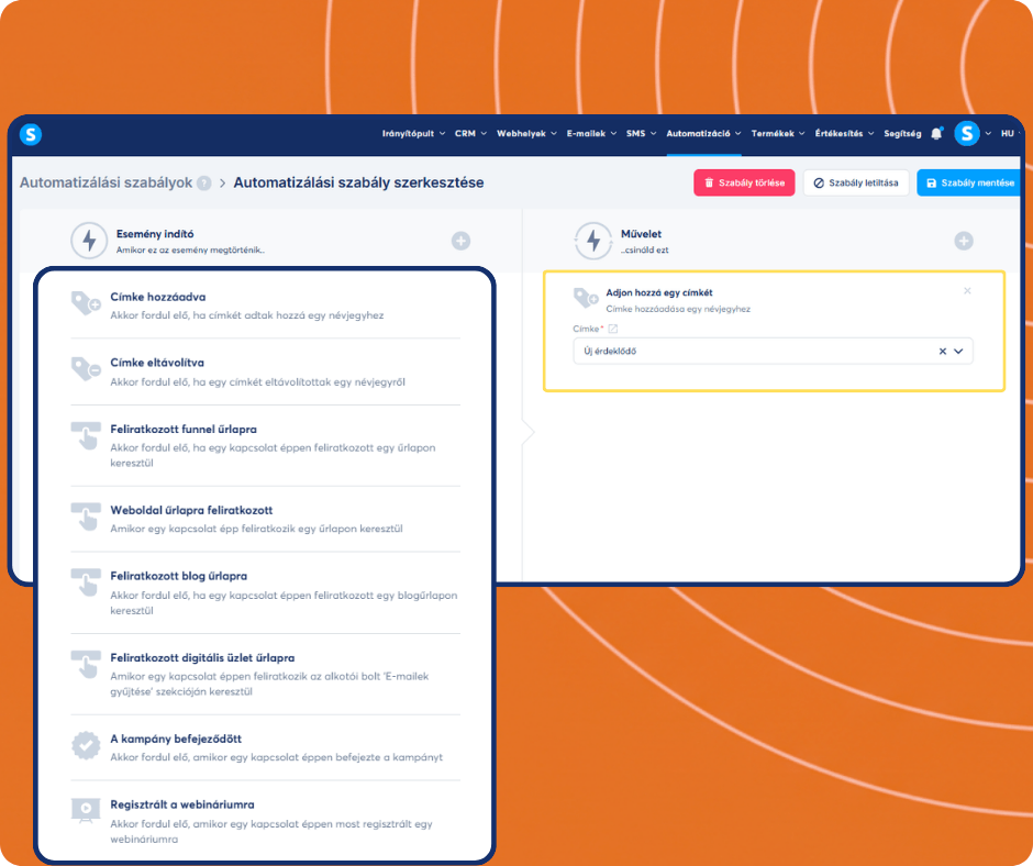 systeme.io automation builder showing trigger selection and tagging workflow to segment contacts and manage leads