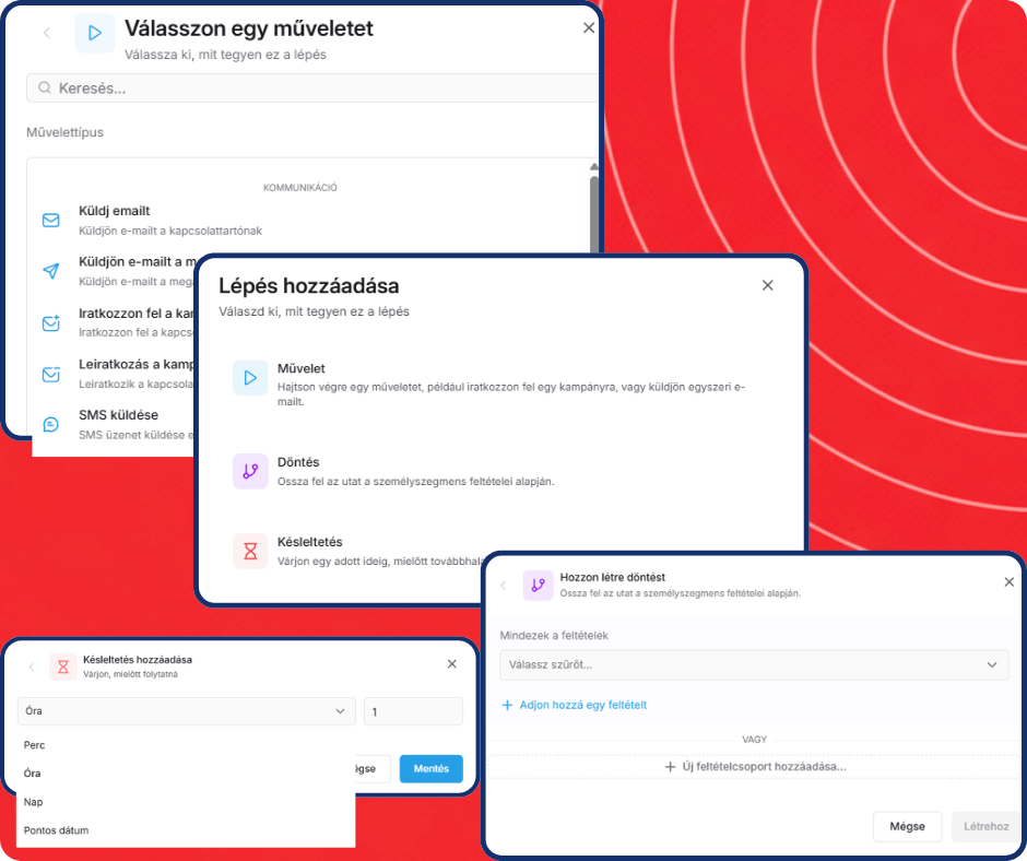Visual workflow automation builder in systeme.io showing a funnel where a subscriber receives emails, waits, and is routed through different paths based on their actions.