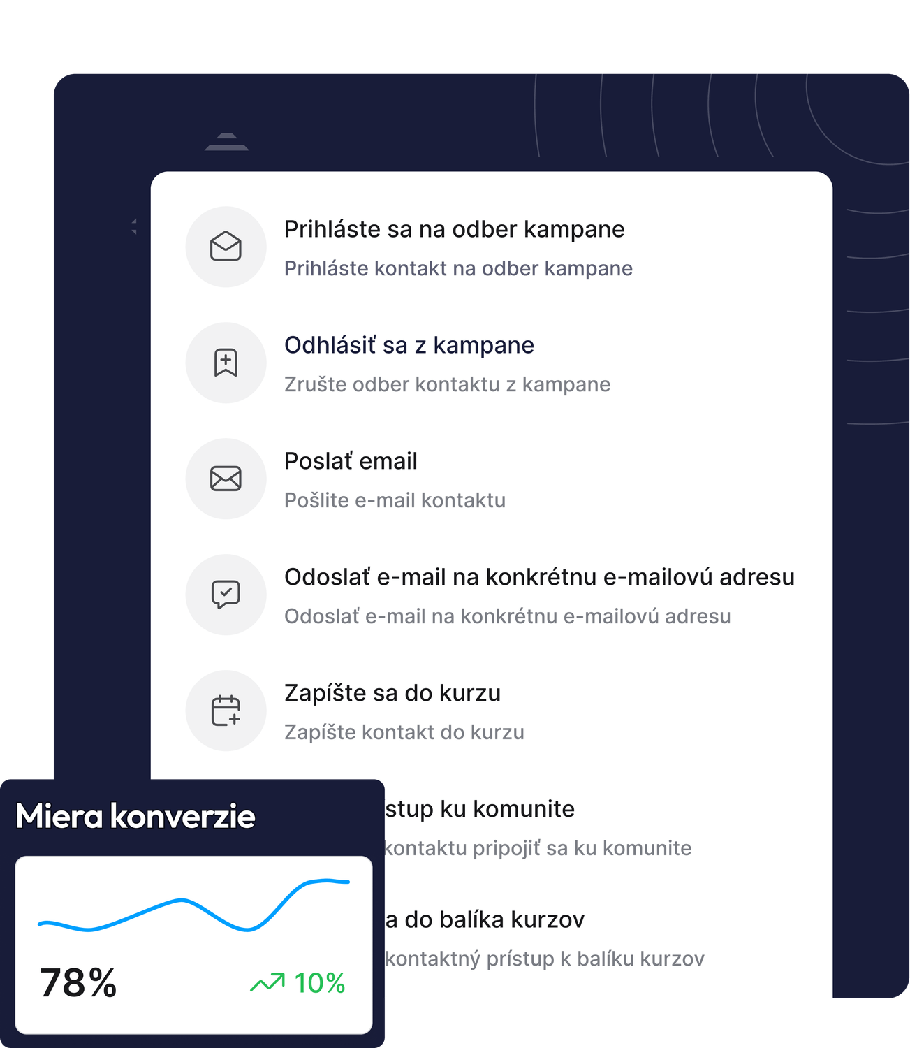 systeme.io automation actions panel showing options like subscribe to campaign, add tag, send email, and enroll contacts with conversion rate analytics