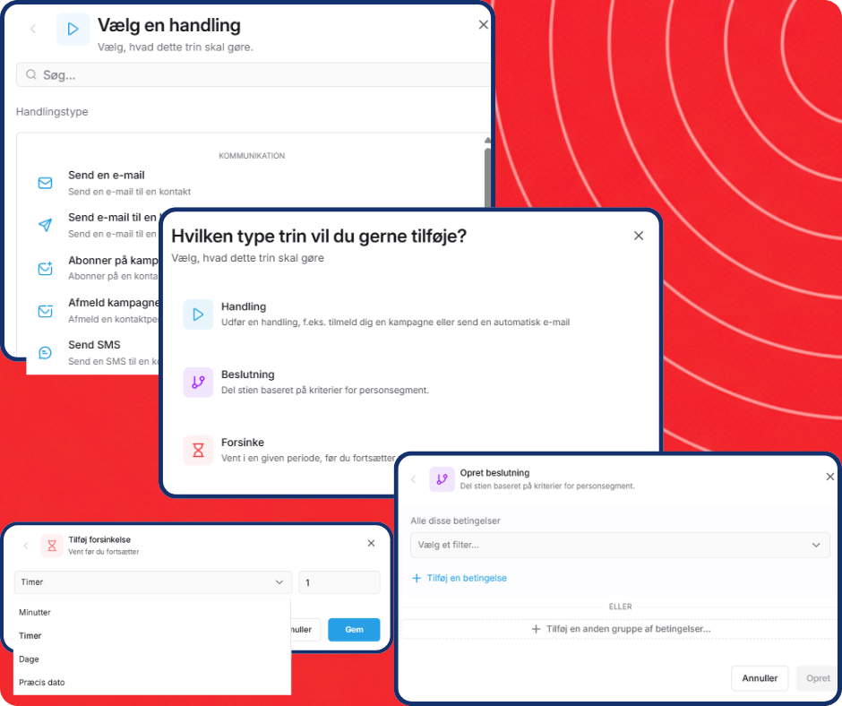 Visual workflow automation builder in systeme.io showing a funnel where a subscriber receives emails, waits, and is routed through different paths based on their actions.