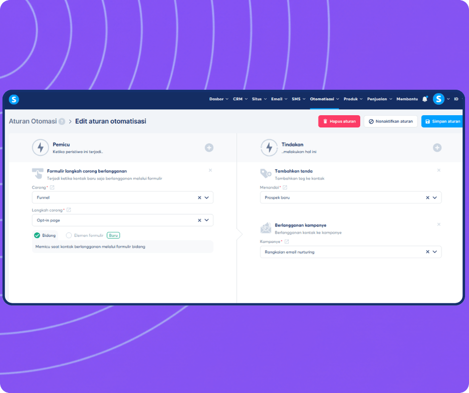systeme.io automation builder showing trigger-based workflow to tag new leads and subscribe contacts to an email campaign