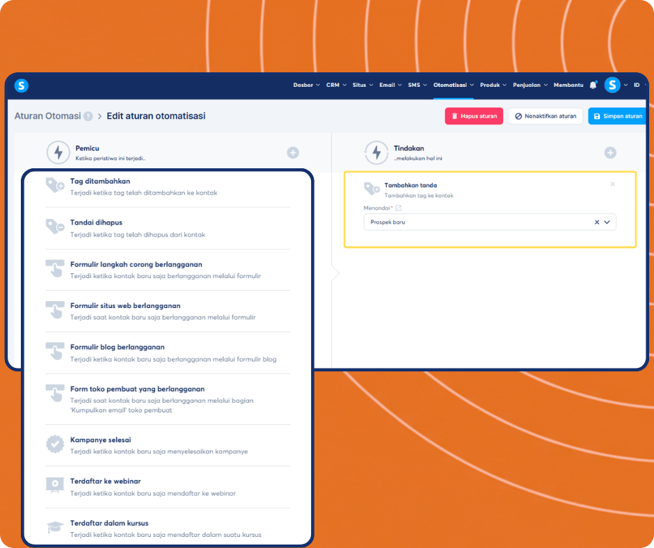 systeme.io automation builder showing trigger selection and tagging workflow to segment contacts and manage leads