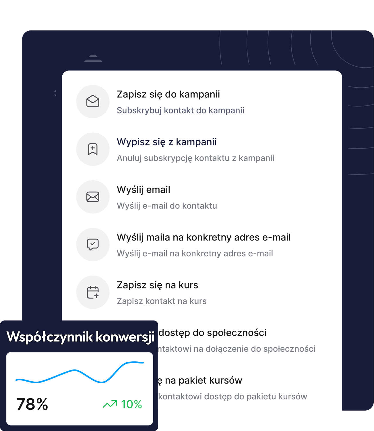 systeme.io automation actions panel showing options like subscribe to campaign, add tag, send email, and enroll contacts with conversion rate analytics